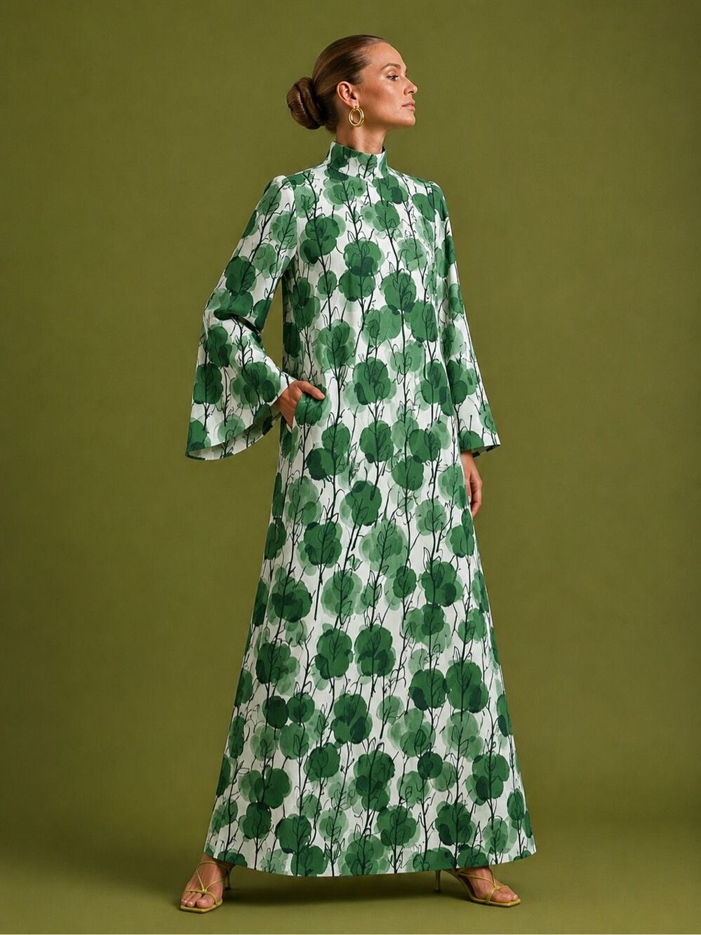 BURU Bell Sleeve Maxi Mod Dress Green Botanical Print Convertible Large